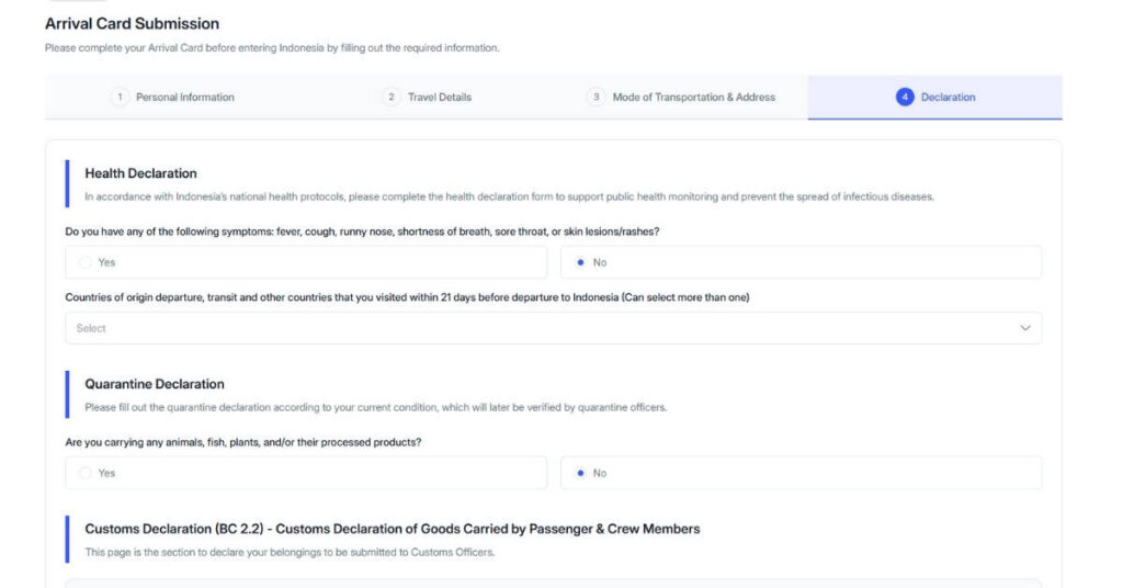 Gesundheitserklärung in der All Indonesia Arrival Card