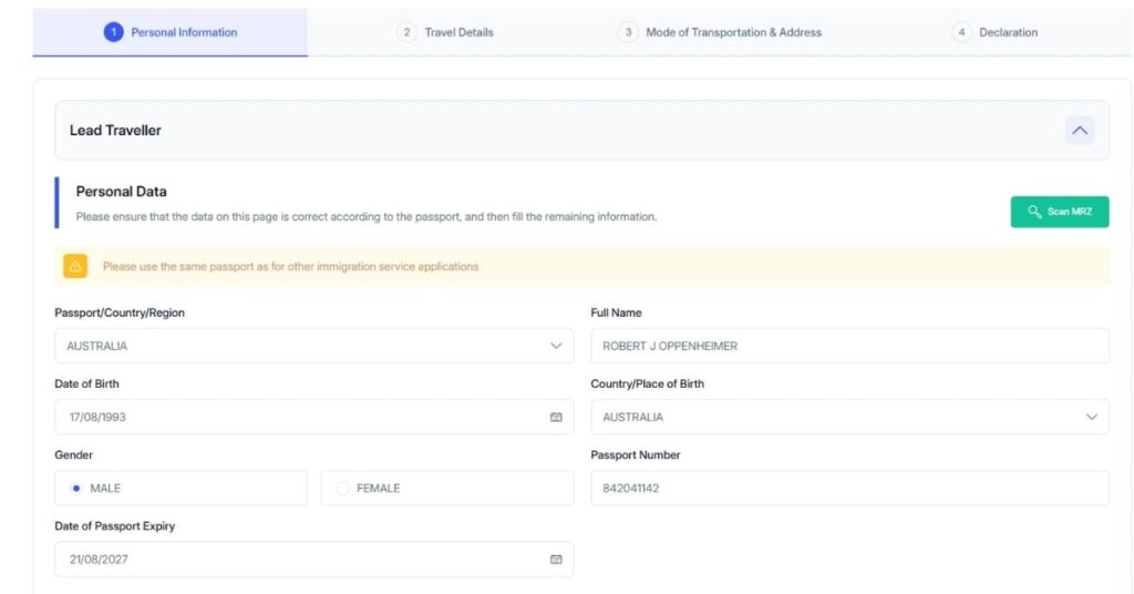 Eingabe persönlicher Daten in der All Indonesia Arrival Card