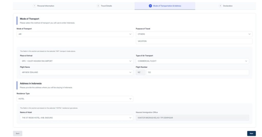Art der Anreise für die Indonesische Arrival Card