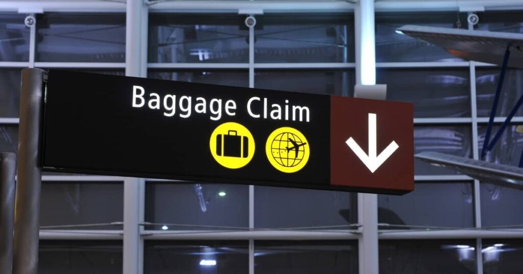 Schild am Flughafen in Bali der zum Baggage Claim führt