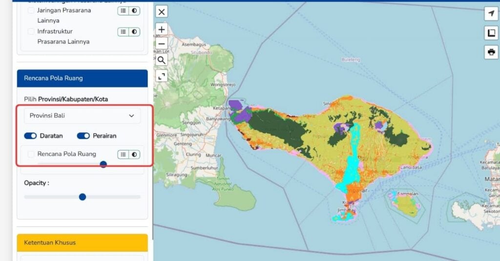 Screenshot der Zonenkarte von Bali mit der Dropdown-Liste für die Provinzen, den Umschaltflächen für „Daratan“ und „Perairan“ sowie den Steuerelementen für die Zonenebene.