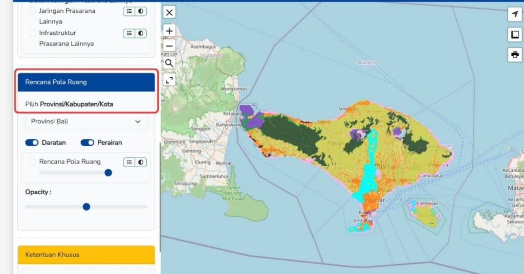 Screenshot der Website mit dem Flächennutzungsplan von Bali, auf dem der Abschnitt „Rencana Pola Ruang“ hervorgehoben ist, der zur Überprüfung der Flächennutzung zum Bauen auf Bali dient.