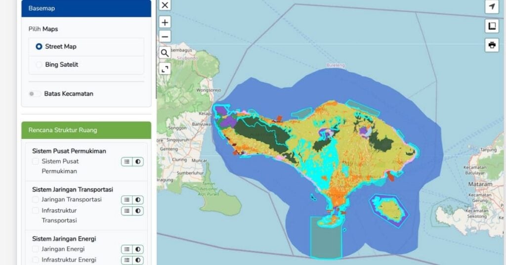 Vollständige Zonenkarte von Bali mit farblich gekennzeichneten Landzonen auf der gesamten Insel und der blauen Wasserfläche, die Bali umgibt.