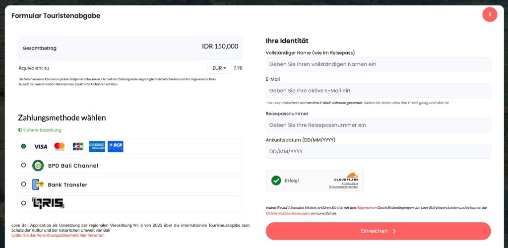 Online-Zahlung der Tourismussteuer für Bali