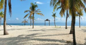 Ein weiter Strand mit blauem Himmel und Palmen