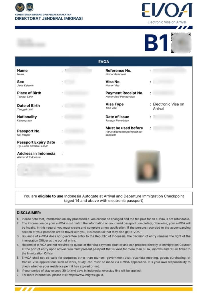 Visum Indonesien: e-Visa On Arrival (B213)