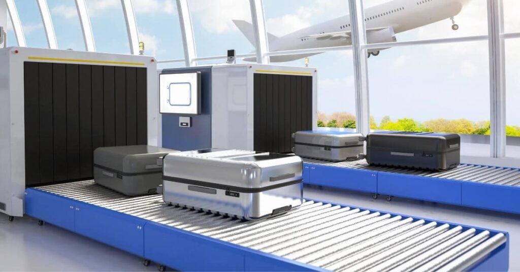 Inline-Gepäckkontrollsystem am Flughafen Bali – modernes automatisiertes Röntgen- und Sortiersystem.