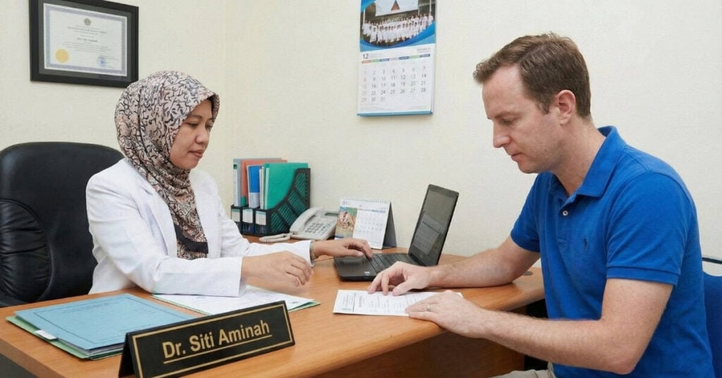 Arzt übergibt Eltern den Geburtsnachweis im Krankenhaus als Grundlage für die Geburtsregistrierung in Indonesien