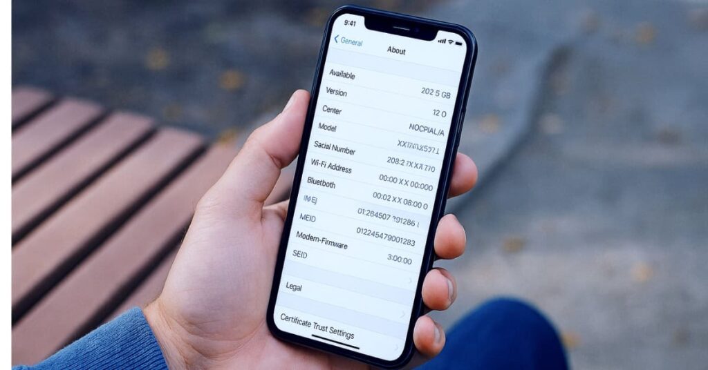 Smartphone mit geöffneter IMEI-Anzeige in der Hand, Anleitung zum Finden der IMEI-Nummer für die Registrierung in Indonesien.