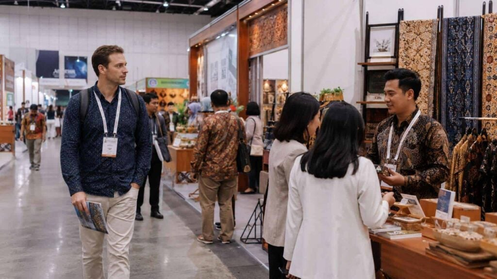 Indonesien Messe Visum für Messen, Ausstellungen und MICE-Events 2 Geschäftsreisender informiert sich über das Messevisum C11 für Indonesien vor einer internationalen Fachmesse.